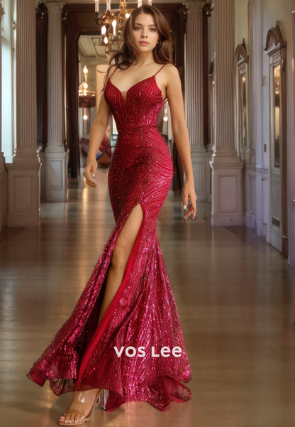 Elegant Sheath/Column Red Formal Evening Party Dress  High Slit V-Neck Prom Dress