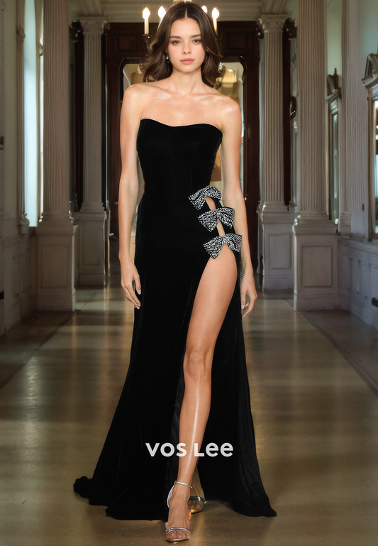 Black Evening Dress elegant Sheath/Column High Slit Strapless Prom Dress with Bows