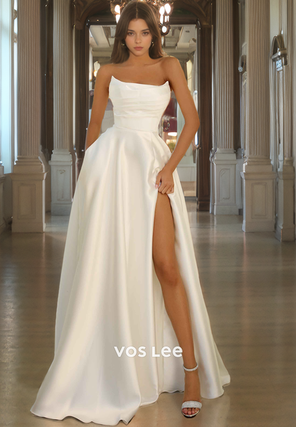 Strapless Long Formal Prom Dress with Slit A-Line  Party Dress