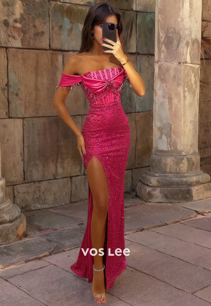 Off Shoulder Sequin Rhinestone Long Prom Dress Trumpet/Mermaid Pink Party Dress with Slit