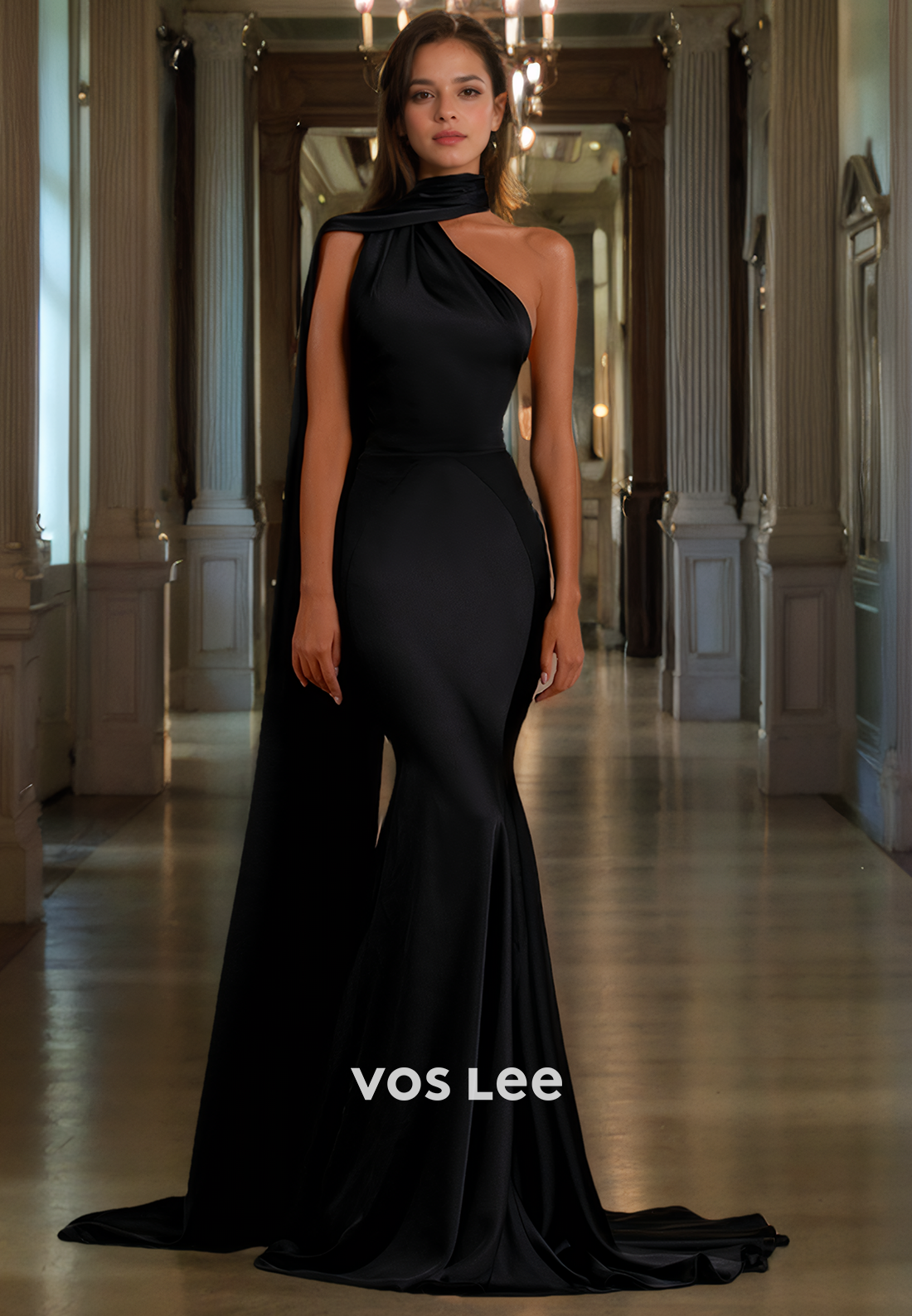 Elegant Black Formal Evening Dress Trumpet/Mermaid Satin One Shoulder Long Prom Dress