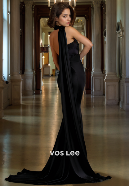 Elegant Black Formal Evening Dress Trumpet/Mermaid Satin One Shoulder Long Prom Dress