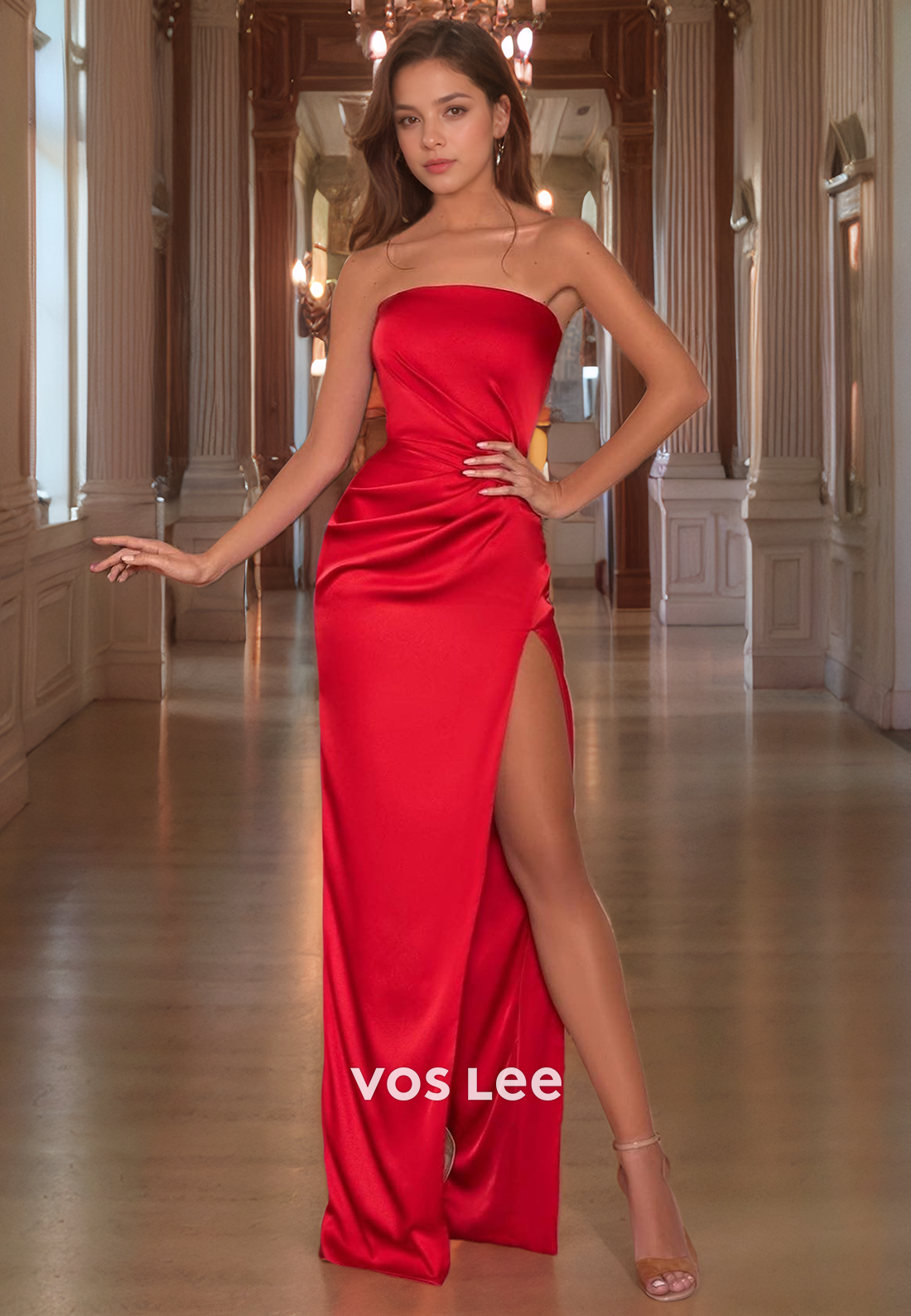 Strapless Formal Party Dress with Slit Sheath/Column Square Pleated Satin Prom Dress