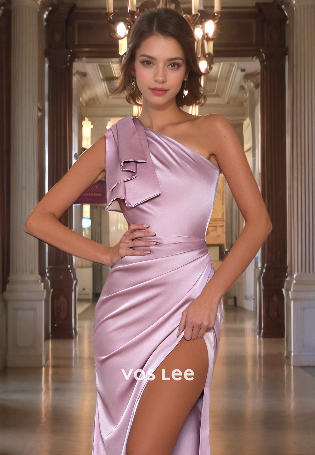 Pink Sleek High Slit Evening Dress Sheath/Column One Shoulder Prom Dress with Bow