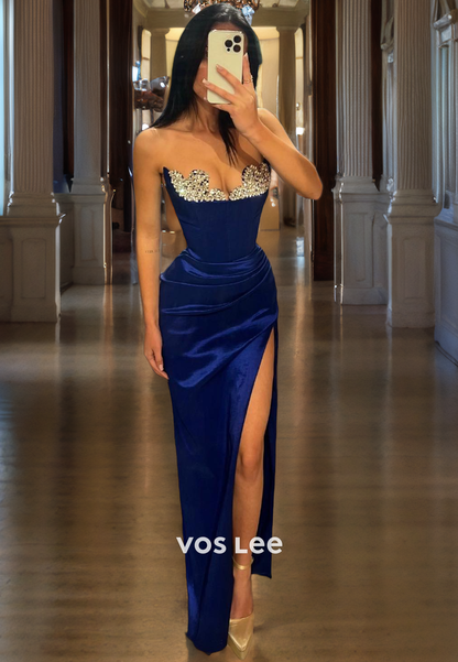 Strapless Ideas Sweethearrt Pleated Satin Sheath/Column Blue Formal Prom Party Dress with Slit