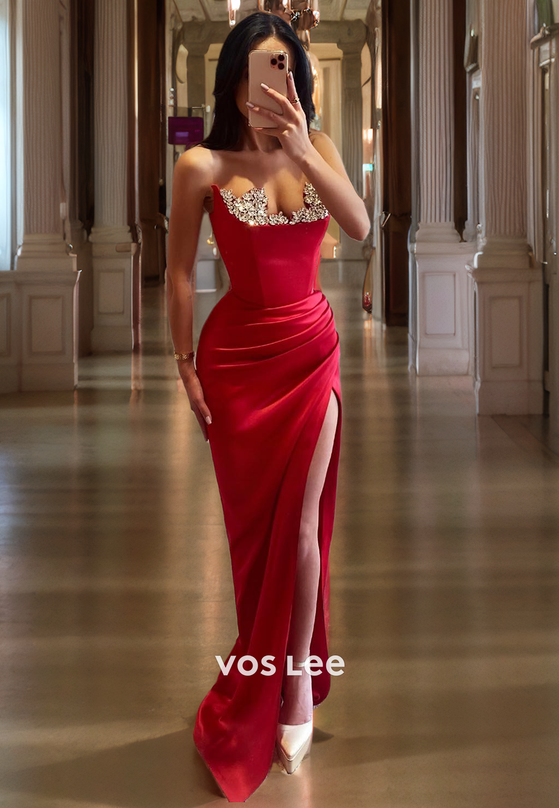 Strapless Ideas Sweethearrt Pleated Satin Sheath/Column Red Formal Prom Party Dress with Slit