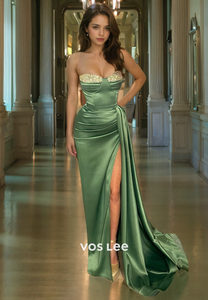 Sweethearrt Strapless Formal Party Dress Pleated Satin Sheath/Column Split Green Prom Dress