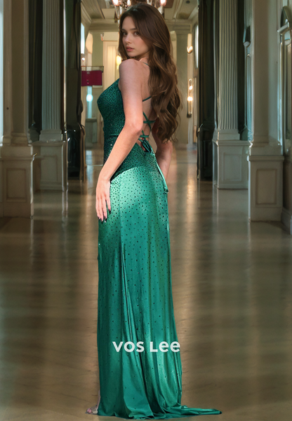 Gorgeous Sheath/Column Sequin Satin Dark Green Formal Evening Dress V-Neck Long Prom Dress