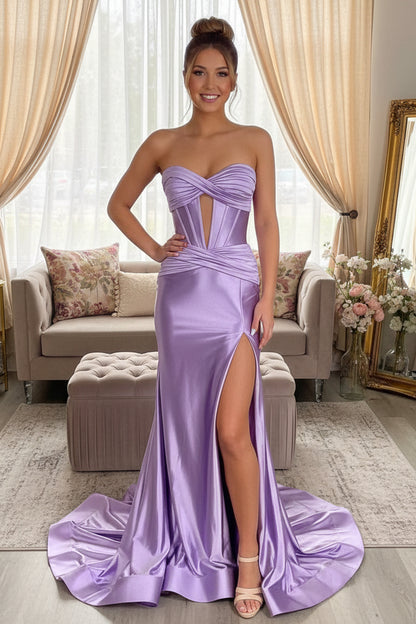 Charming Mermaid Sweetheart Satin Long Prom Dress with Slit