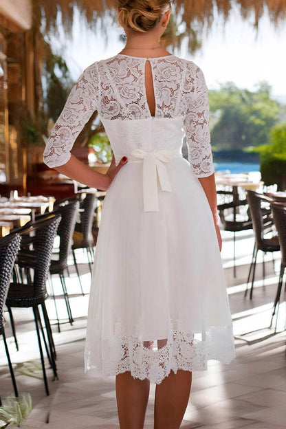 Lace Sleeve White Tea-Length Wedding Dress | 3/4 Sleeve A-Line Bridal Gown