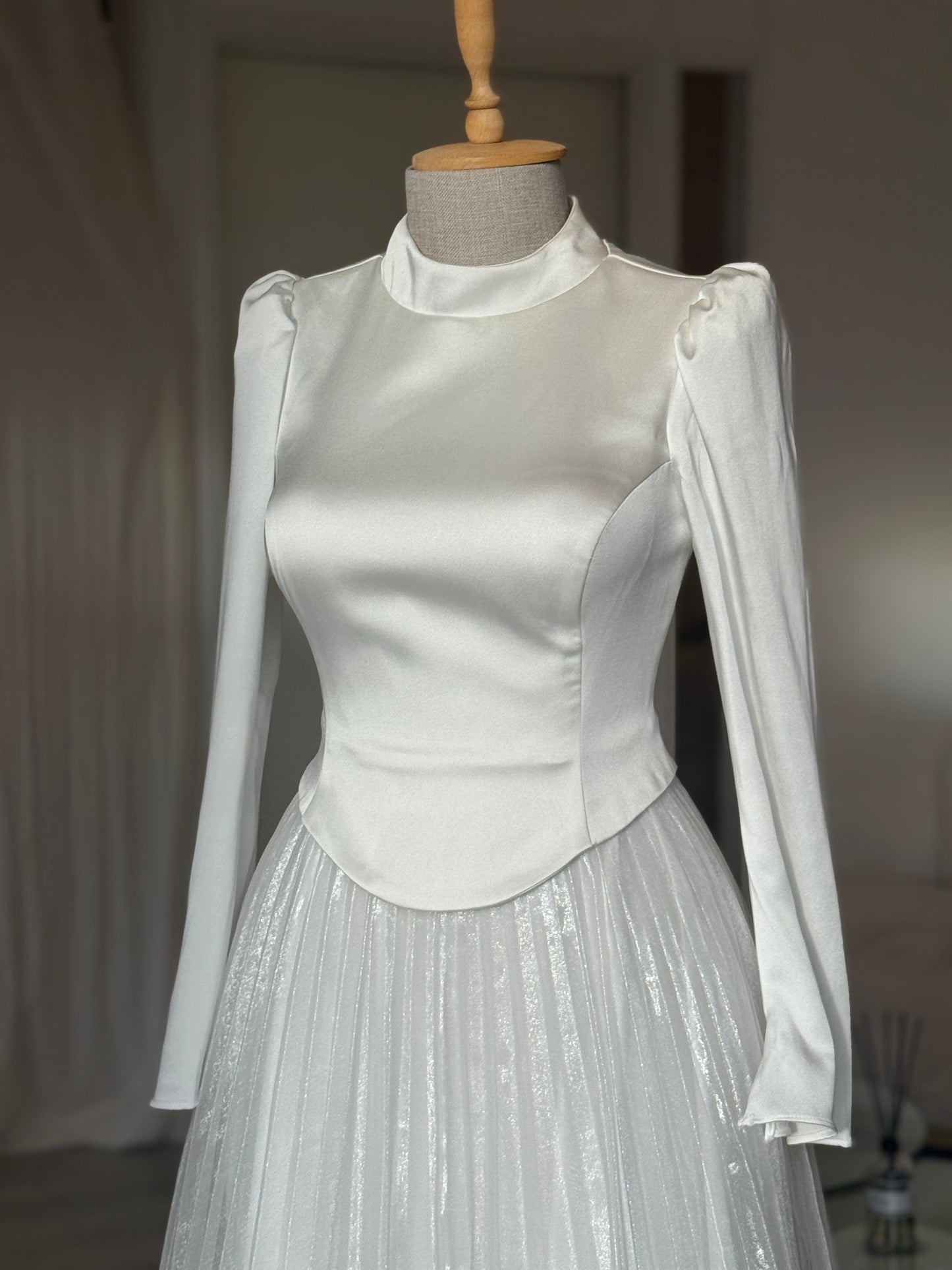 High Neck Long Sleeve Satin Top Pleated Chiffon  Formal Dress