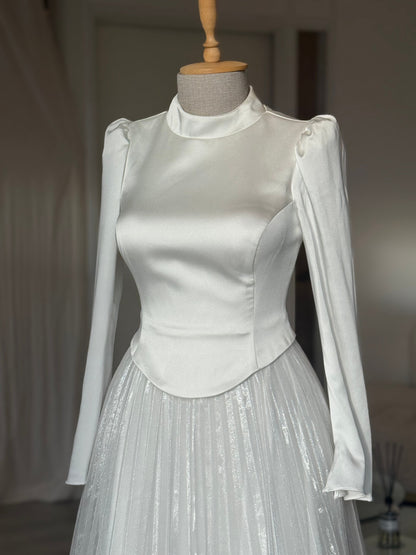 High Neck Long Sleeve Satin Top Pleated Chiffon  Formal Dress