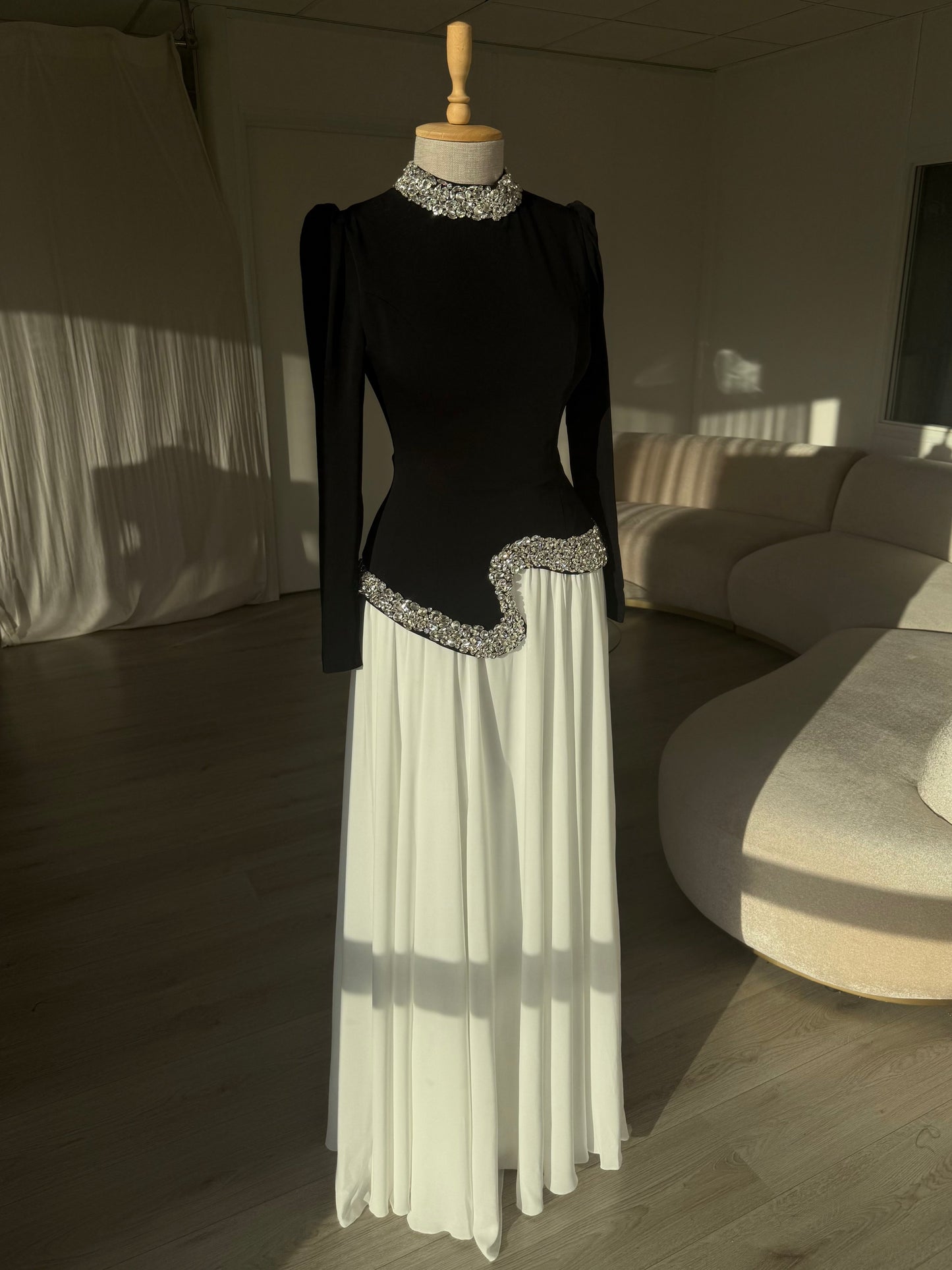 Dusty Pink High Neck Long Sleeve Crystal Waist A-Line Formal Evening Gown