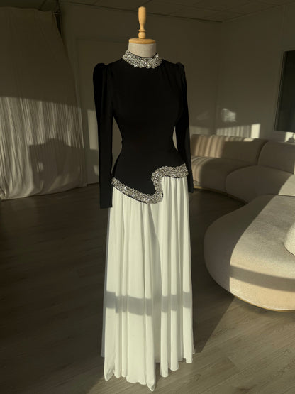 Dusty Pink High Neck Long Sleeve Crystal Waist A-Line Formal Evening Gown