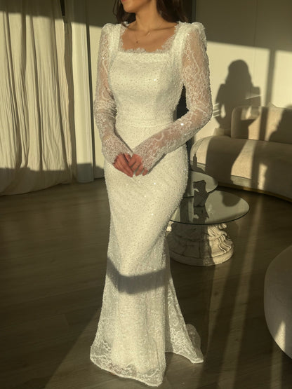 Luxury Sequin Lace Evening Gown | Long Sheer Sleeves & Mermaid Train