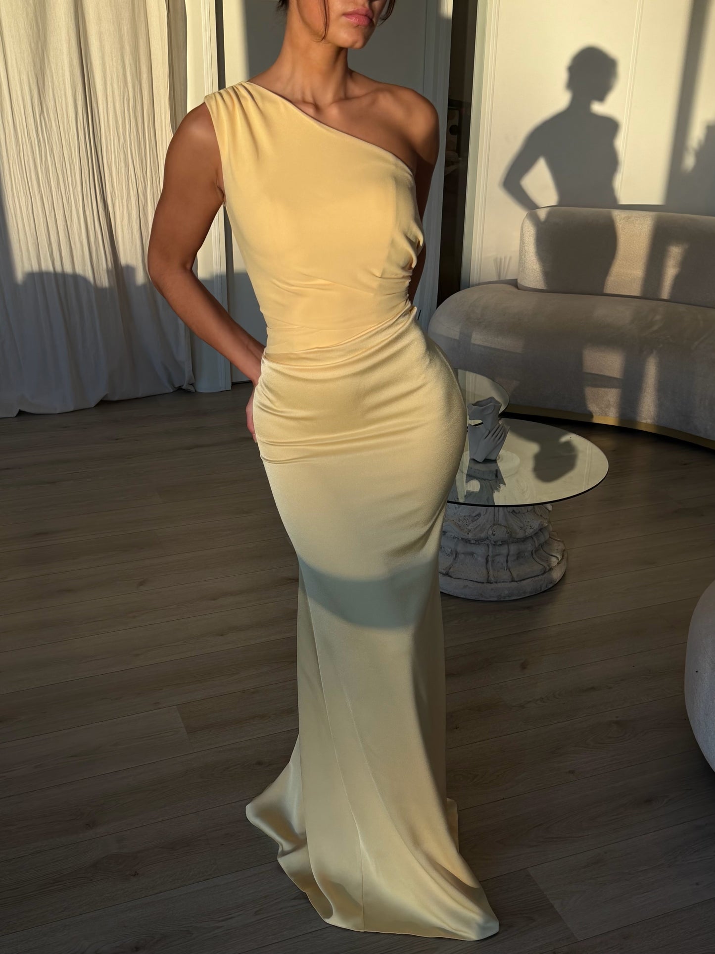 Baby Blue One Shoulder Draped Satin Sheath Gown with Flared Hem