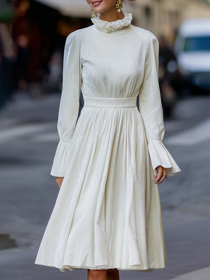 Ivory Ruffled High-Neck Midi Dress