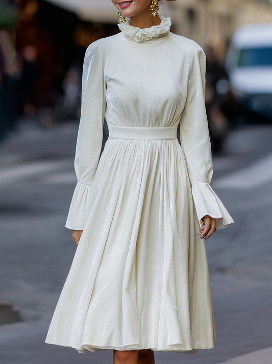 Ivory Ruffled High-Neck Midi Dress