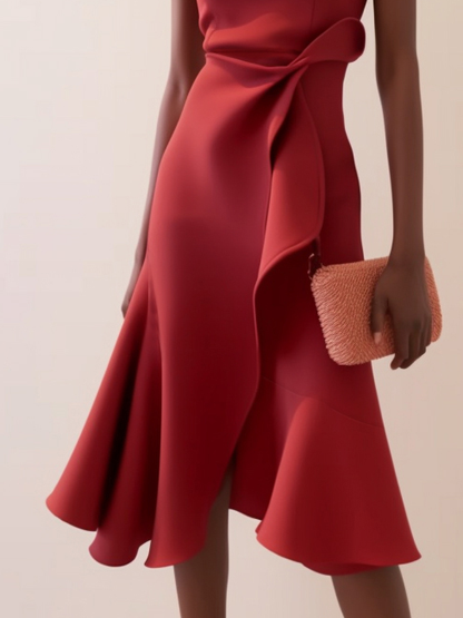 Red Sleeveless Midi Elegant A-line Dress