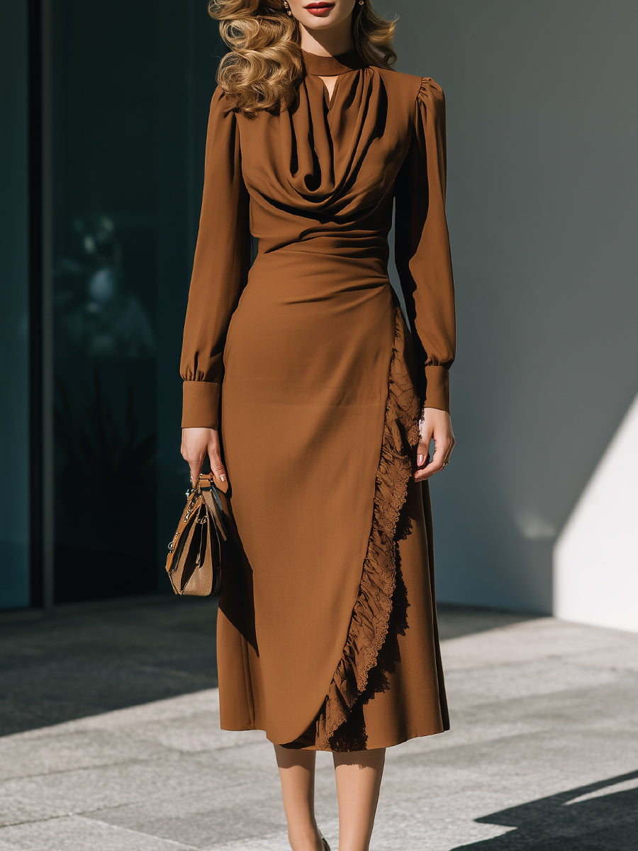 Cocoa Brown Draped Neck Long-Sleeve Midi Dress With Textured Ruffle Trim