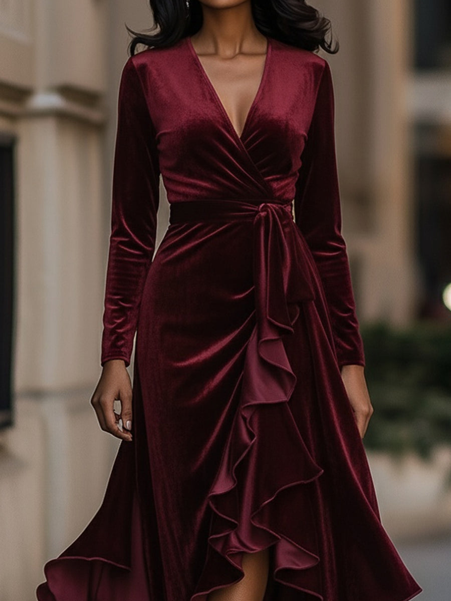 VOS LEE Burgundy Velvet Wrap Gown With Cascading Ruffle Hem