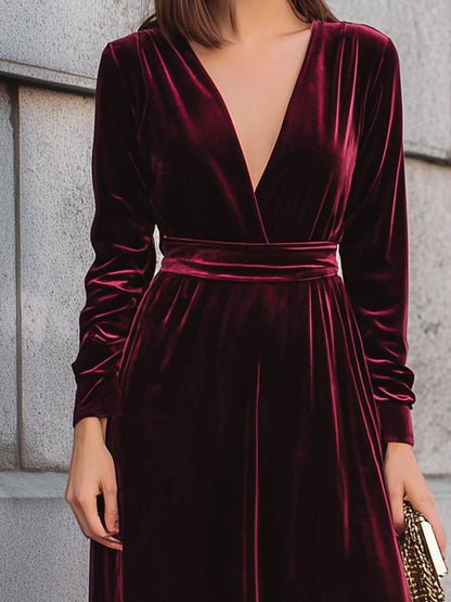 Burgundy Velvet Long-Sleeve Evening Gown