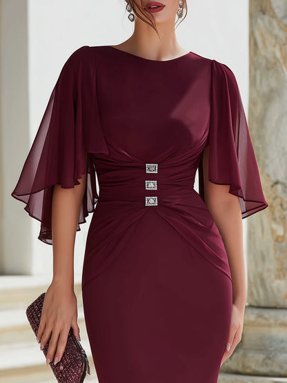 Ruched Cape Sleeve Embellished Cocktail Dress