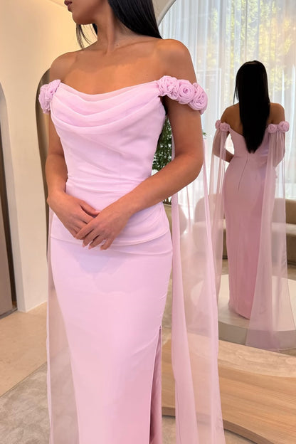 Off-the-Shoulder Tulle Ruffle Evening Dresses Sheath With Side Split Flowers