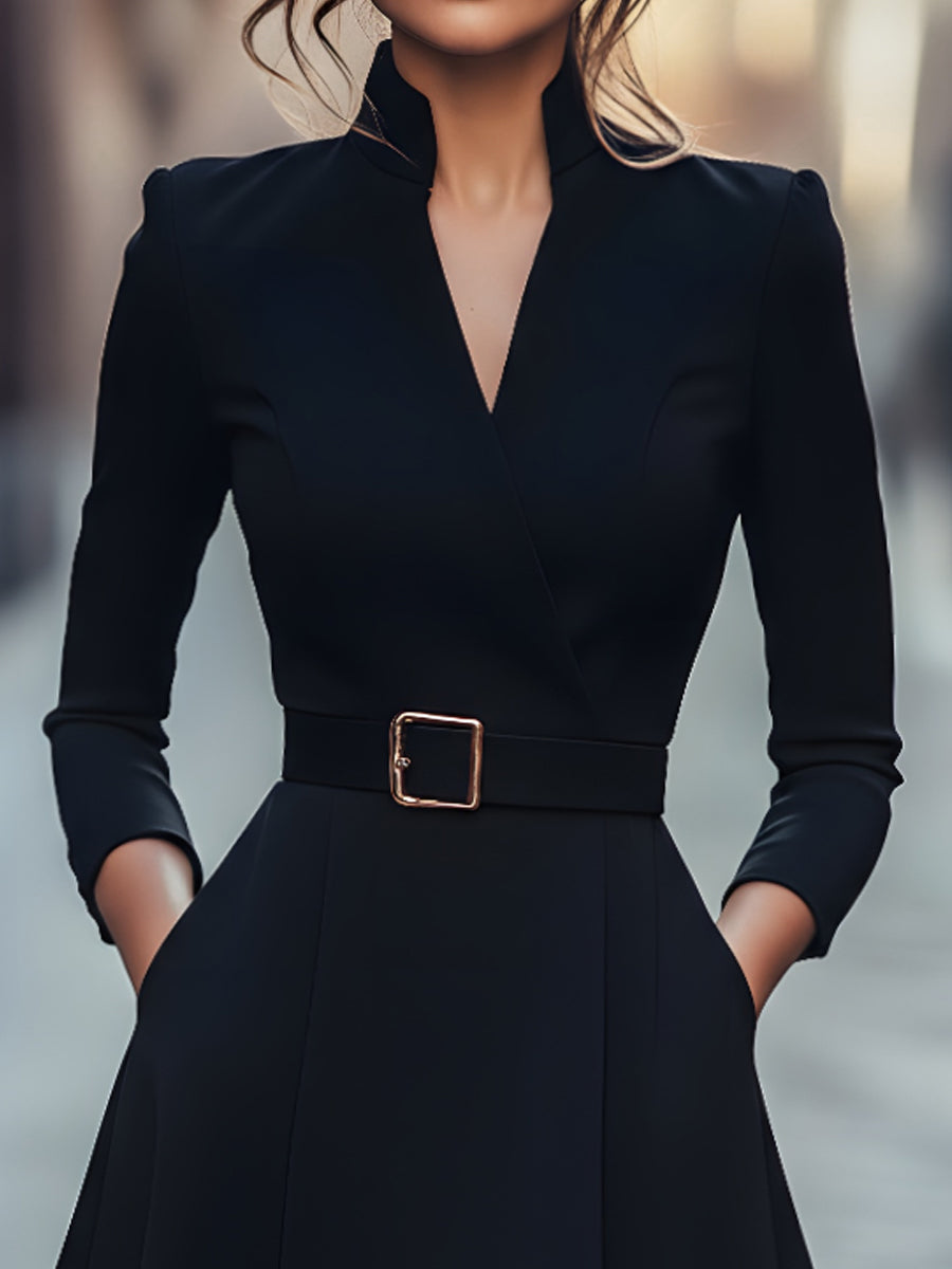 Classic Black Belted A-Line Dress