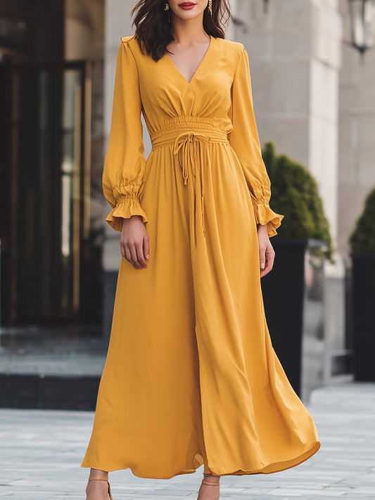 VOS LEE Mustard Smocked Waist Maxi Dress