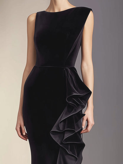 Asymmetric Cascading Ruffle Velvet Gown
