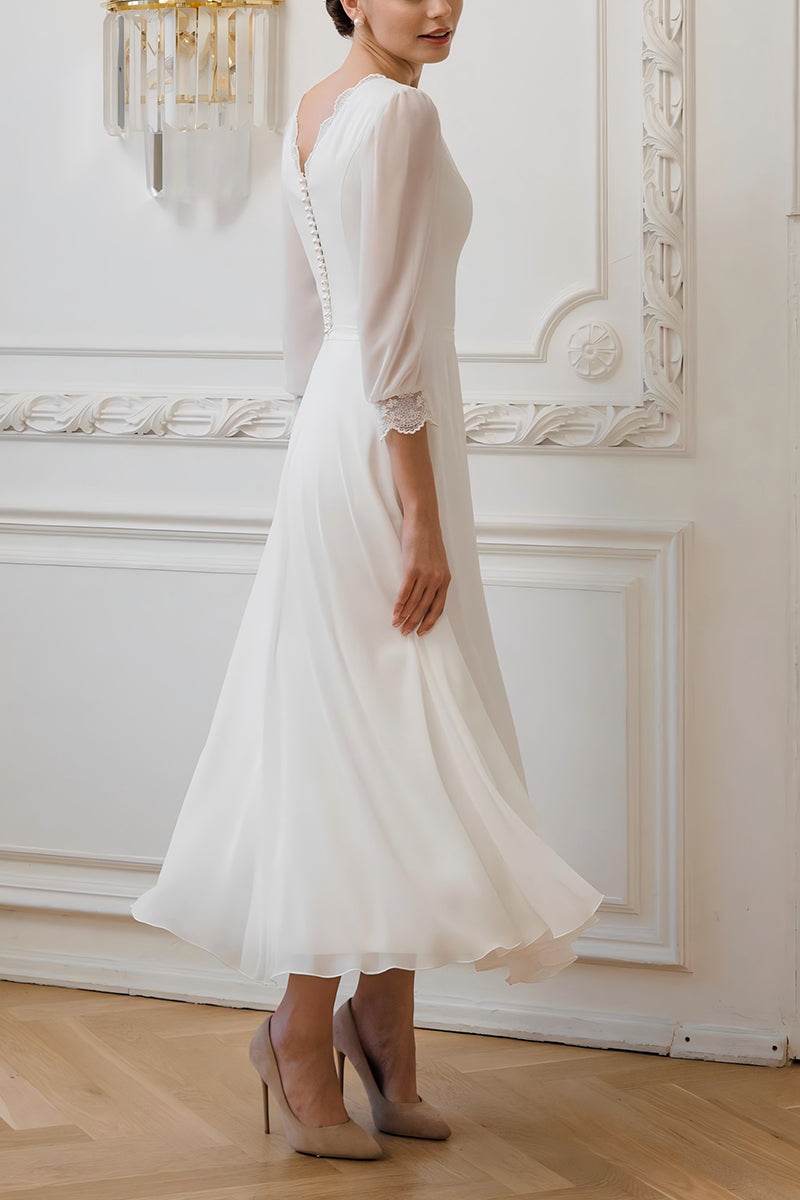 Boat Neck Three-Quarter Sleeve Chiffon Midi Wedding Dress Modest Casual Bridal Gown