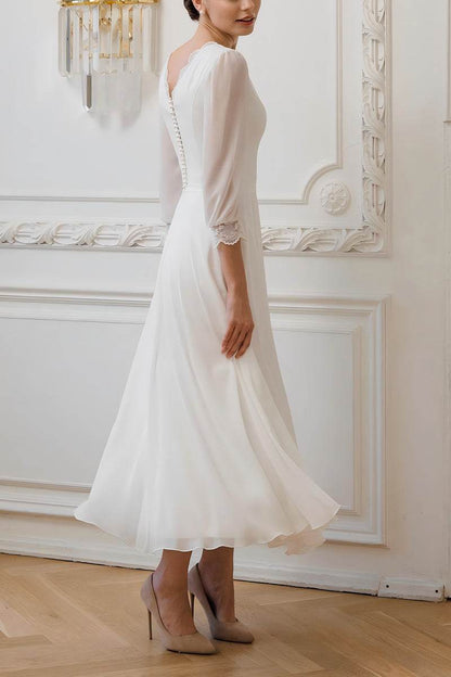 Boat Neck Three-Quarter Sleeve Chiffon Midi Wedding Dress Modest Casual Bridal Gown