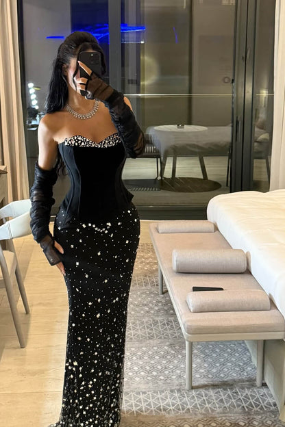 Black Sweetheart Mermaid Evening Dress Sleeveless With Crystals Lace-Up Back