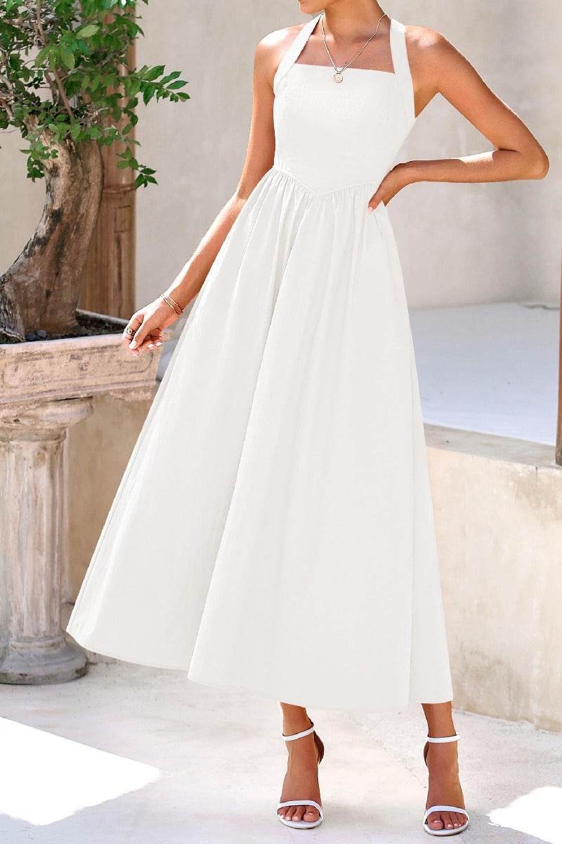 Halter A-Line Tea Length Chiffon Little White Dress