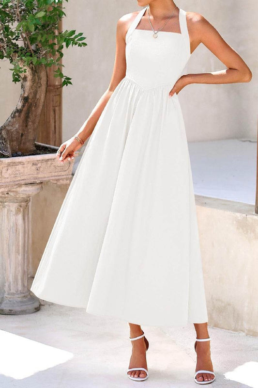 Halter A-Line Tea Length Chiffon Little White Dress