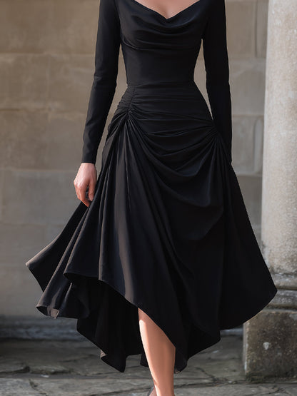 Draped Asymmetric Midi Dress With Sculpted Waist