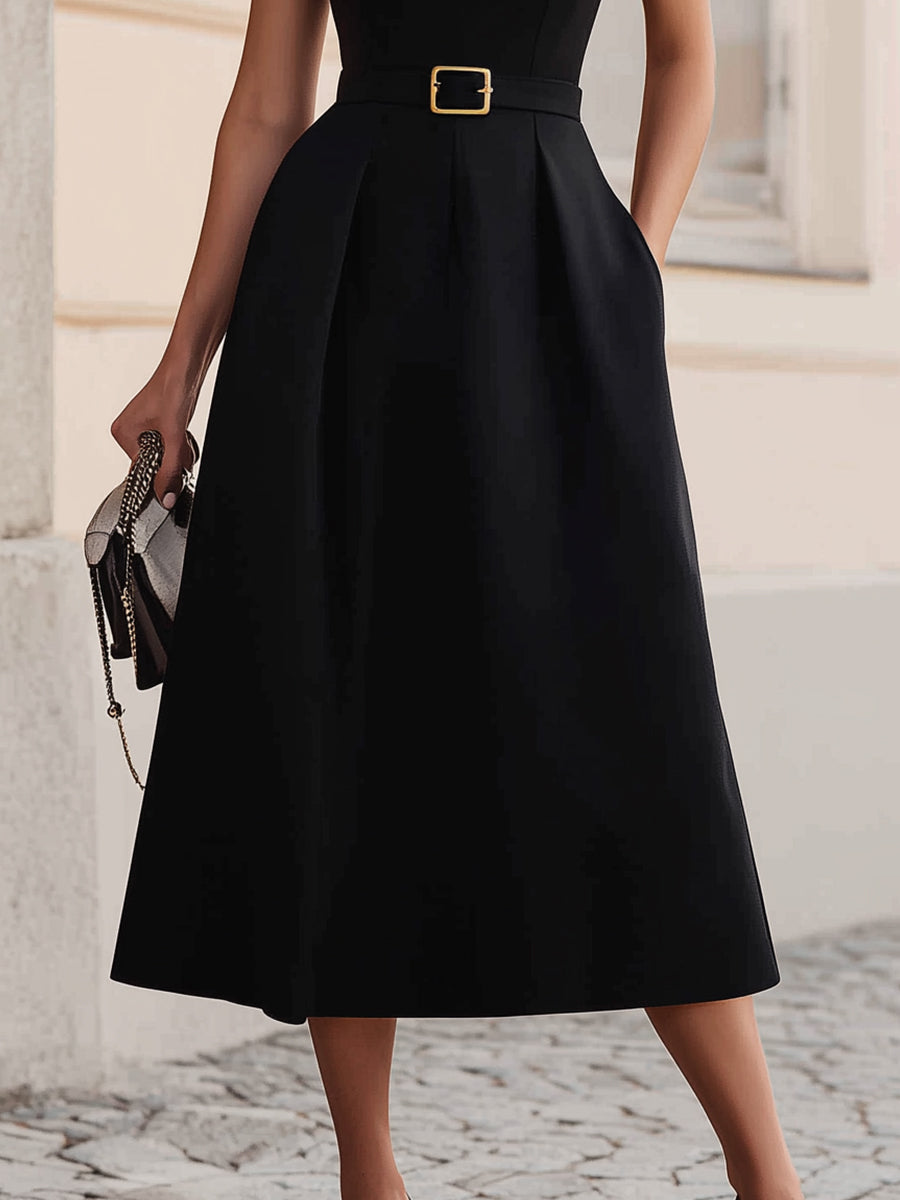 Elegant Square Neck Belted Midi Dress