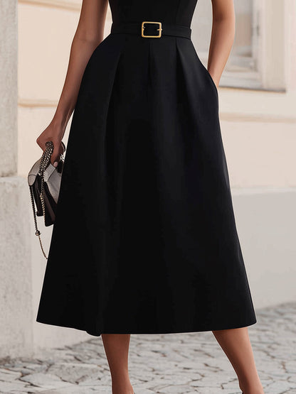 Elegant Square Neck Belted Midi Dress
