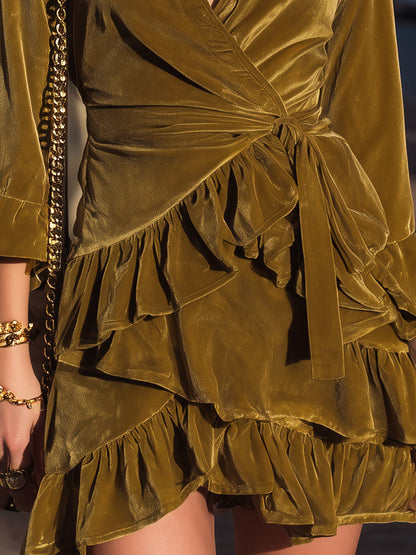 Olive Green Velvet Ruffle Dress