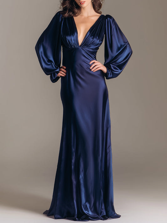 Midnight Elegance Deep-V Satin Gown With Dramatic Bishop Sleeves