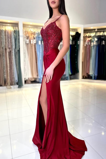 Burgundy Spaghetti-Straps V-Neck Evening Gowns Sleeveless Mermaid With Split Appliques