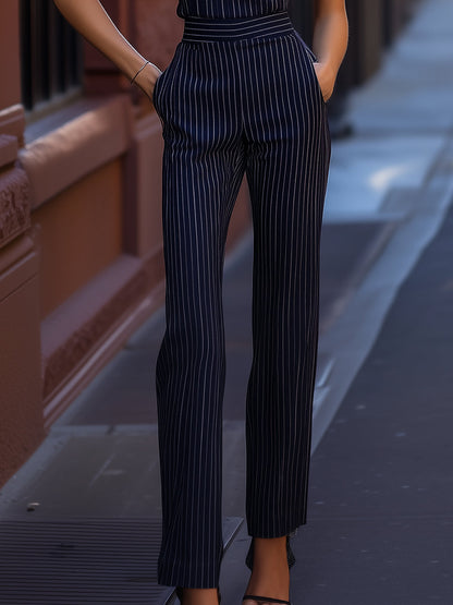 One-Shoulder Black Pinstripe Wide-Leg Jumpsuit