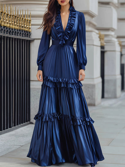 Midnight Elegance Satin Maxi Dress With Ruffled Detailing