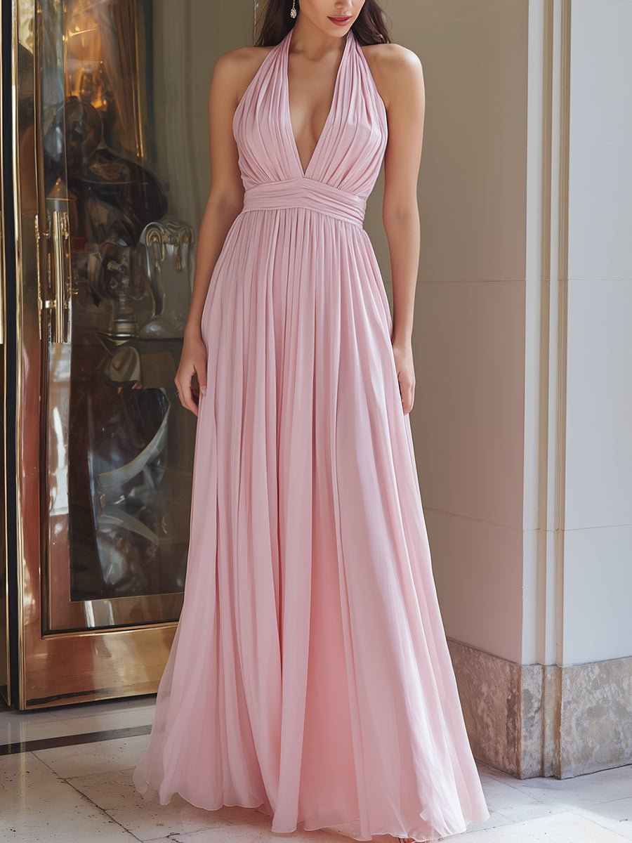 Blush Pink Halter Plunge Pleated Chiffon Maxi Dress