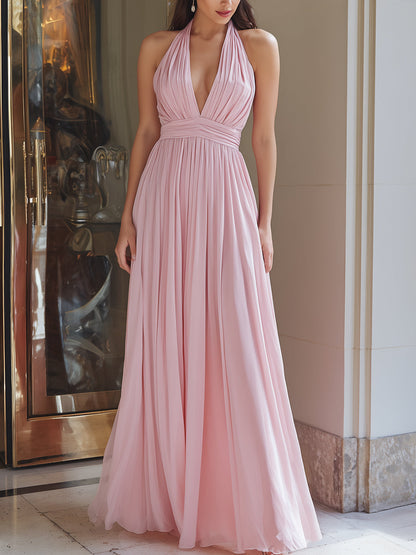 Blush Pink Halter Plunge Pleated Chiffon Maxi Dress