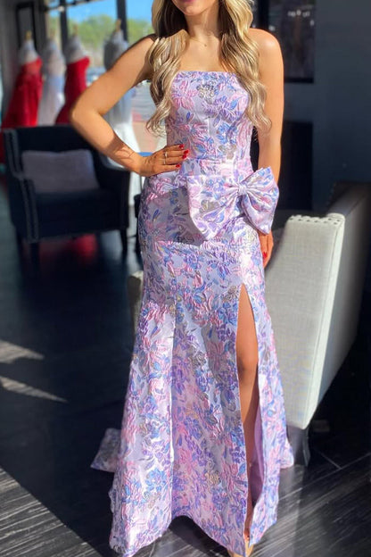 Mermaid Lavender Jacquard Satin Slit  Prom Dress with Bow