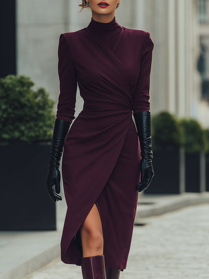 Deep Burgundy Draped Wrap Midi Dress