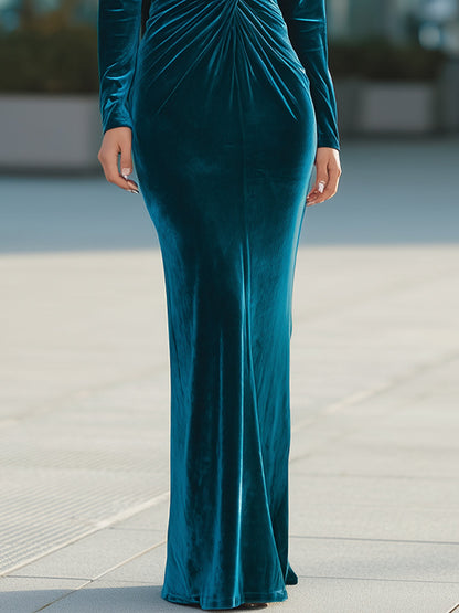 Teal Velvet Draped Evening Gown