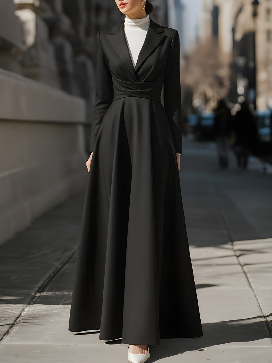 Black Maxi Blazer Dress With Draped Waist